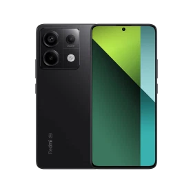 Xiaomi Redmi Note 13 Pro siyah akıllı telefon, ön ekran ve arka 200 MP kamera tasarımıyla vitrin görünümü