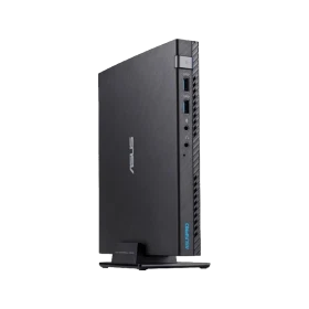 Asus E520-B094M siyah kompakt masaüstü bilgisayar, dikey tasarım ve ön panel bağlantı noktalarıyla