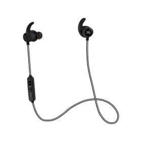 JBL Reflect Mini BT Kablosuz siyah kulaklık, kulak içi tasarımı ve boyun kablosuyla önden görünüm