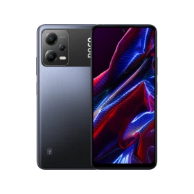 Siyah Poco X5 5G akıllı telefon, ön ekranı ve arka yüzeyiyle ana vitrin görünümü
