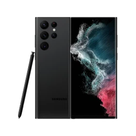 Samsung Galaxy S22 Ultra siyah akıllı telefon, arka çoklu kamera ve S Pen ile ön-arka görünüm