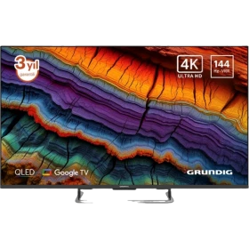 Grundig 65 GQ 800A Ultra HD 4K QLED televizyon, renkli katmanlı ekran ve siyah tasarımla önden görünüm