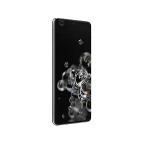 Gri Samsung Galaxy S20 Ultra akıllı telefon, ön yüz ekranı ve ince çerçeveli tasarımıyla açıdan görünüm