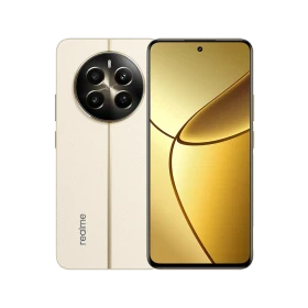 Bej Realme 12 Plus akıllı telefon, ön ekran ve arka kamera modülüyle vitrinde ön-arka görünüm