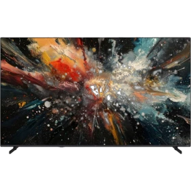 Vestel 75QT9850 Ultra HD 4K QLED televizyon, siyah çerçeveli ekranda renkli soyut görüntü