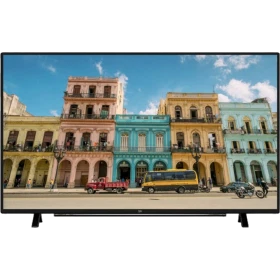 Beko B49L 6750 5B Full HD FHD TV, renkli şehir manzarasını gösteren siyah televizyon