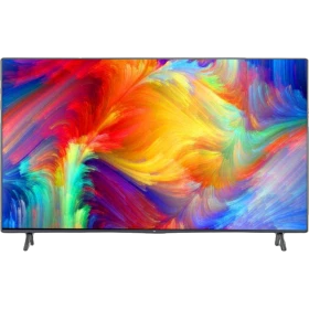 Beko B85 N 995 X Ultra HD 4K TV, renkli soyut desenli ekranı ve iki ayağıyla önden görünüm
