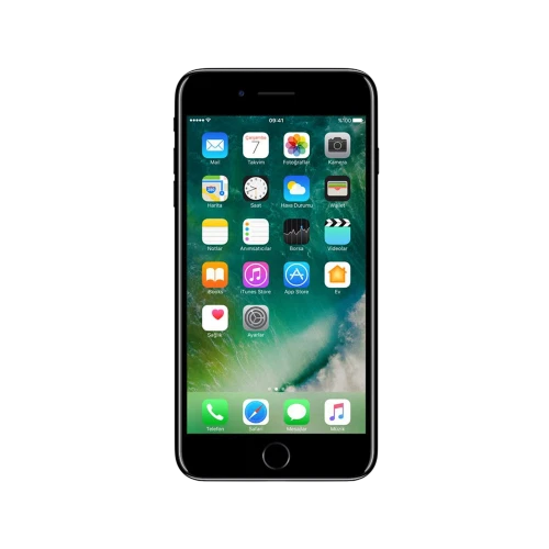 Apple iPhone 7 Plus simsiyah akıllı telefon, önden görünüm ve ana ekran açık vitrin çekimi