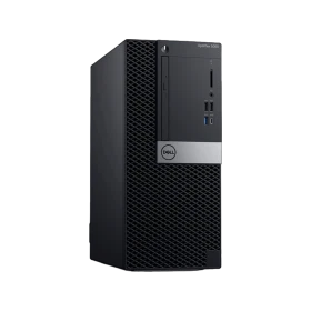 Dell Optiplex 5060 masaüstü bilgisayar, siyah kasa ve ön panel bağlantılarıyla üç çeyrek açıdan görünümü