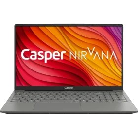 Casper Nirvana X650.1342-AE00A-G-F gri iş ve ofis laptopu; ön panelinde canlı Nirvana ekranı görünüyor.