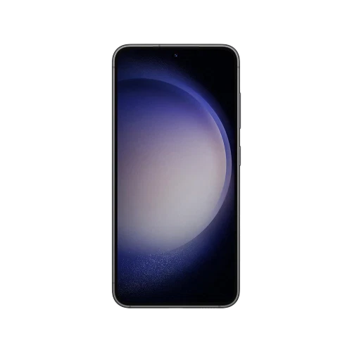 Siyah Samsung Galaxy S23 akıllı telefonun önden görünümü, ince çerçeveli ekran tasarımıyla