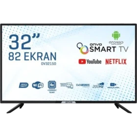 Onvo OV32150 HD Ready HD TV, 32 inç siyah LED televizyon; Smart TV, Wi-Fi, YouTube ve Netflix özellikli.