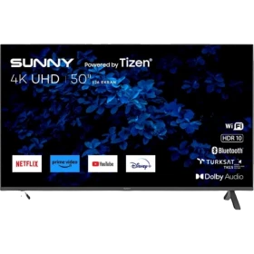 Sunny SN50FMN501 Ultra HD 4K TV, mavi çiçekli ekran tasarımıyla önden görünüm