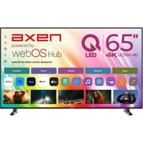 Axen AX65QO4OTL-W2S Ultra HD 4K LED televizyon, QLED 65 inç ekran ve webOS Hub arayüzüyle önden görünüm