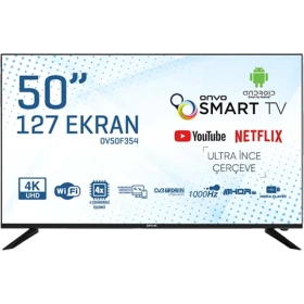 Onvo OV50F354 Ultra HD 4K LED televizyon, siyah çerçeveli 50 inç ekran ve ayaklarıyla önden görünüm