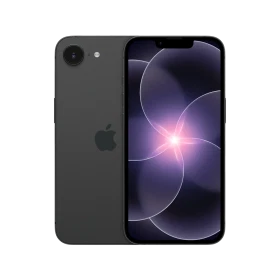 Siyah Apple iPhone 17e akıllı telefon, ön ekran ve arka kamera tasarımıyla vitrin görünümü
