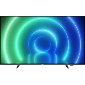 Philips 65PUS7506 Ultra HD 4K LED televizyon; canlı mavi-yeşil dairesel arka plan ekranda görünüyor.