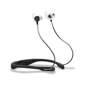 JBL Reflect Fit Kablosuz siyah kulaklık, boyun bandı ve kablolu kulak içi uçlarıyla gösteriliyor