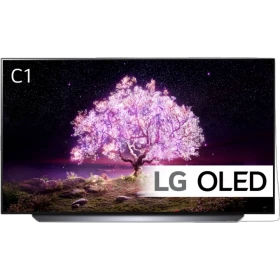 LG OLED48C14LB 48 inç Ultra HD 4K OLED televizyon, arka fonda ağaç sahnesi görünen vitrin görünümü