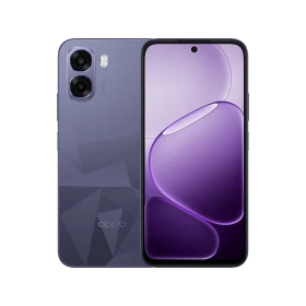 Mor Oppo A6T 5G akıllı telefon, ön ekran ve arka çift kamera tasarımıyla vitrin görünümü