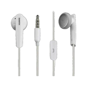 Huawei AM110 Kablolu beyaz kulaklık, mikrofonlu kumanda ve 3,5 mm jak bağlantısıyla siyah zeminde sergileniyor