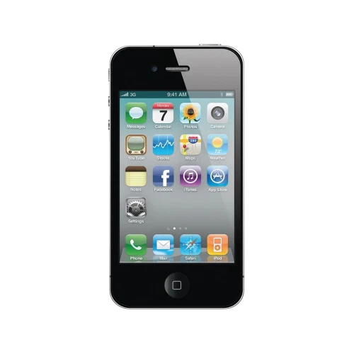 Apple iPhone 4 siyah akıllı telefon, ön yüz ekran ve ana ekran ikonlarıyla vitrin görünümü