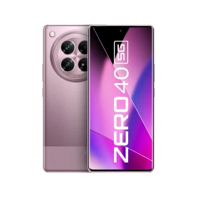 Mor Infinix Zero 40 5G akıllı telefon, ön ekran ve arka kamera modülüyle vitrin görünümü