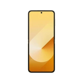 Sarı Samsung Galaxy Z Flip6 akıllı telefonun önden görünümü, ince çerçeveli ekran tasarımıyla sergileniyor