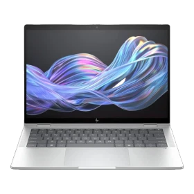 HP EliteBook X Flip G1i 14 AI açık gri 2’si 1 arada laptop ekranında renkli dalga tasarım görünüyor