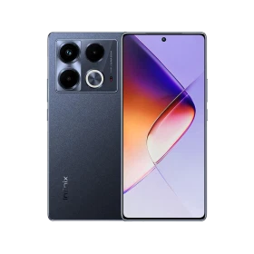 Siyah Infinix Note 40 5G akıllı telefonun ön ve arka tasarımı, ekran ve üçlü kamera modülüyle birlikte