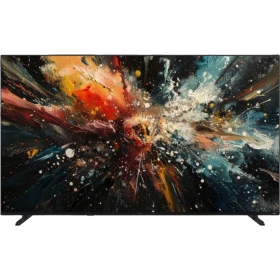 Vestel 65QT9850 Ultra HD 4K QLED televizyon, siyah çerçeveli ekranında renkli soyut görüntü gösteriyor