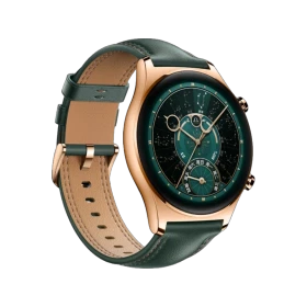 Honor Watch GS 4 altın akıllı saat, yeşil kadranlı deri kayışı ve klasik saat tasarımıyla.