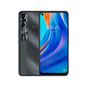 Siyah Tecno Spark 7 Pro akıllı telefon, ön ekran ve arka kamera modülüyle vitrin görünümü