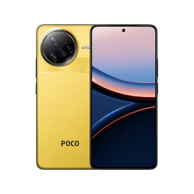Sarı renkli Poco F7 Ultra akıllı telefonun ön ekranı ve büyük dairesel arka kamera tasarımı