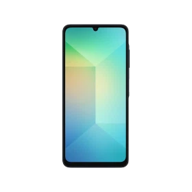 Samsung Galaxy A06 siyah akıllı telefon, önden görünüm, geniş ekran ve damla çentikli tasarım