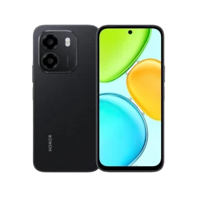 Honor X6e siyah akıllı telefonun ön ve arka görünümü, çok renkli ekran arayüzü ile vitrin görseli