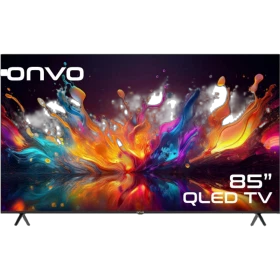 Onvo 85OVF9000UQ Ultra HD 4K LED televizyon, renkli ekranı ve ayaklı tasarımıyla önden görünüm