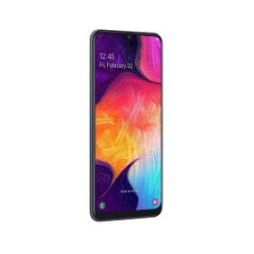 Siyah Samsung Galaxy A50 akıllı telefon, çentikli ekran ve renkli duvar kâğıdıyla önden görünüm