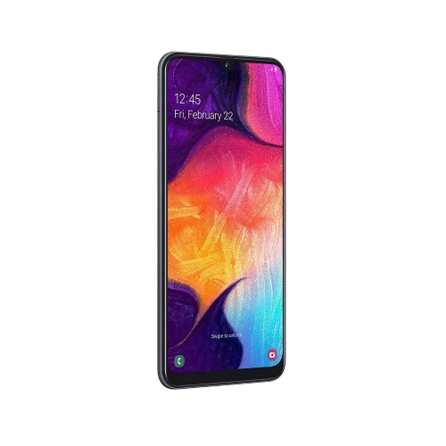 Siyah Samsung Galaxy A50 akıllı telefon, çentikli ekran ve renkli duvar kâğıdıyla önden görünüm
