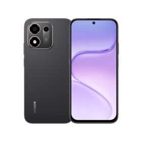 Honor 600S 5G siyah telefonun ön ve arka yüzü, çift kamera modülü ve mor ekran arayüzüyle birlikte