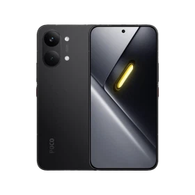 Xiaomi Poco X8 Pro Max siyah telefon, ön ve arka yüzüyle, çift kameralı tasarımı ve ekranı birlikte gösteriliyor