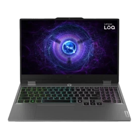 Lenovo LOQ 15IAX9 83GS00L8TRAT87 gri oyuncu laptop, açık ekran ve RGB aydınlatmalı klavye ile önden görünüm