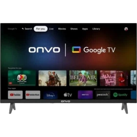 Onvo 43OVF5000AF Full HD LED televizyon, ince çerçeveli siyah tasarım ve Google TV ekranıyla önden görünüm