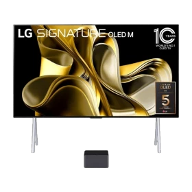 LG OLED97M39LA Ultra HD 4K OLED televizyon, ekranda altın renkli soyut tasarım ve sehpa ayağıyla.