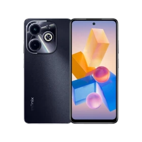 Siyah Infinix Hot 40i akıllı telefonun ön ve arka yüzü, ekran ve çift kamera modülüyle vitrin görünümü