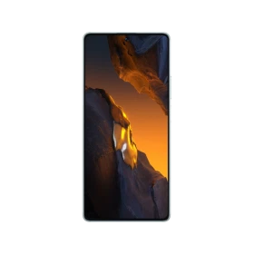 Beyaz Poco F5 akıllı telefon, ince çerçeveli ekranı ve ön yüz tasarımıyla önden görünüm