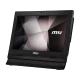 MSI PRO 16T 10M-001XEU siyah masaüstü bilgisayarın önden görünümü, ekranda MSI logosu.