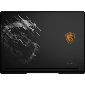 MSI Raider 16 HX B2WH-091TR siyah oyuncu laptop kapağında Dragon amblemi ve Raider logosu bulunan tasarım.