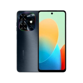 Tecno Spark GO 2024 siyah akıllı telefon, ön ekran ve arka kamera modülüyle vitrin görünümü