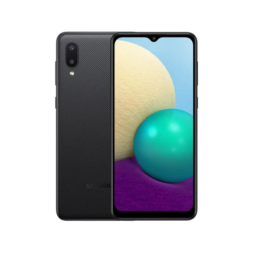Samsung Galaxy A02 siyah akıllı telefon, ön ekran ve arka yüzüyle çift kamera detaylı vitrin görünümü